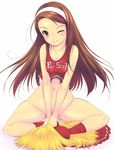  bare_shoulders blush bottomless breasts brown_eyes brown_hair cheerleader cleavage crop_top forehead grin hairband idolmaster idolmaster_(classic) indian_style katori_(mocchidou) long_hair looking_at_viewer medium_breasts minase_iori navel one_eye_closed pom_poms pussy red_legwear simple_background sitting skirt skirt_removed smile socks solo white_background 