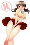  blush brown_eyes brown_hair embarrassed hair_tie highres matsuno_canel open_mouth original panties short_hair simple_background skirt skirt_tug solo tears twintails underwear white_background white_panties 