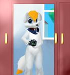  anthro blue_eyes camera canine collar cute dog hair invalid_tag jamesfoxbr looking_at_viewer male mammal mirror paint smile solo 