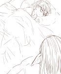  1girl 90s age_difference bed bed_sheet blanket child chrono_trigger closed_eyes commentary_request facing_another fantasy glasses head_on_pillow indoors long_hair looking_at_another lucca_ashtear lying magus monochrome on_side pillow pointy_ears s-a-murai short_hair sketch sleeping under_covers 