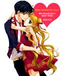  1girl 2012 anniversary arm_ribbon bishoujo_senshi_sailor_moon black_hair blonde_hair chiba_mamoru couple dated double_bun dress formal hair_bun hair_ribbon heart hetero hug jacket long_hair looking_at_viewer necktie red_skirt ribbon sarashina_kau short_dress skirt striped tsukino_usagi twintails white_background 