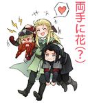  3boys aragorn armor beard black_hair blonde_hair blue_eyes brown_hair cape carrying chibi cloak dark_brown_hair dwarf elf facial_hair gimli helmet john_ronald_reuel_tolkien legolas lord_of_the_rings male male_focus middle_earth multiple_boys pixiv_manga_sample pointy_ears shinzui_(fantasysky7) smile 