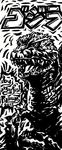  city comic godzilla godzilla_(series) highres monochrome monster no_humans non-web_source open_mouth parody red_eyes solo tail translated 