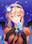  artoria_pendragon_(all) black_gloves black_wings blue_background blue_flower braid breasts candy closed_mouth collarbone collared_shirt fate/stay_night fate_(series) flower food gloves h_sueun hair_flower hair_ornament hairband halloween hands_up head_tilt holding holding_food holding_lollipop light_smile lollipop looking_at_viewer mini_wings orange_shirt purple_hairband revision saber shirt short_sleeves sidelocks small_breasts solo star swirl_lollipop twitter_username wings 