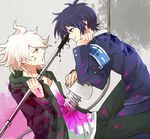  black_hair blood blue_eyes crossover danganronpa gakuran grey_eyes hood hoodie impaled jacket kame_(1102febreze) komaeda_nagito kumagawa_misogi lance long_hair male_focus medaka_box multiple_boys ogata_megumi polearm school_uniform screw seiyuu_connection smile super_danganronpa_2 weapon white_hair 