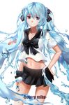  aqua_eyes blue_eyes bottle_miku character_name engrish fish hair_ribbon hand_on_hip hatsune_miku highres lightofheaven liquid_hair long_hair midriff navel ranguage ribbon school_uniform serafuku skirt smile solo twintails vocaloid water white_background 