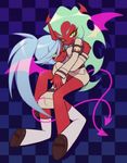  agata_(agatha) anime_coloring bad_id bad_pixiv_id black_footwear blue_hair checkered checkered_background demon_girl demon_tail detached_wings full_body glasses green_hair horns hug kneeling kneesocks_(psg) long_hair multiple_girls official_style panty_&amp;_stocking_with_garterbelt ponytail red_skin scanty_(psg) shoes siblings sisters sitting tail thighhighs uniform white_legwear wings zettai_ryouiki 