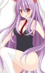  animal_ears breasts bunny_ears chimunge highres leotard long_hair medium_breasts necktie open_mouth purple_hair red_eyes red_neckwear reisen_udongein_inaba smile solo thighhighs touhou white_legwear 