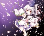  branch cherry_blossoms gradient gradient_background hat japanese_clothes komiru leg_up long_sleeves looking_at_viewer mononobe_no_futo open_hand ponytail red_eyes ribbon short_hair silver_hair smile solo tate_eboshi touhou wide_sleeves 