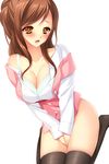  bad_id bad_pixiv_id black_legwear blush bra breasts brown_eyes brown_hair cleavage highres lace lace_bra large_breasts long_hair looking_at_viewer momoi_komomo open_mouth original seiza shiny shiny_skin simple_background sitting skindentation solo thighhighs thighs underwear white_background 