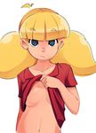  ahoge areola_slip areolae blonde_hair breasts inspector_gadget large_breasts navel penny_(inspector_gadget) shirt shirt_lift sho-n-d solo t-shirt twintails 