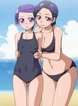  beach bikini blush breasts cameltoe cleavage cloud covered_nipples davi_(dokidoki!_precure) day db_(dokidoki!_precure) dokidoki!_precure earrings eyelashes horizon jewelry kenzaki_makoto large_breasts lipstick makeup manji_(tenketsu) multiple_girls navel ocean one-piece_swimsuit outdoors precure purple_eyes purple_hair short_hair sky smile swimsuit 