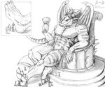  abs anthro biceps chair claws cup dragon foot_worship giant hindpaw horn macro massage micro monochrome muscles nude paws pecs relaxing reptile scalie slave throne toe_claws toes 
