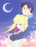  1girl bad_id bad_pixiv_id bishoujo_senshi_sailor_moon black_hair blonde_hair buriki_neko crescent_moon double_bun flower hug hug_from_behind jitome juuban_high_school_uniform long_hair long_sleeves looking_away moon oekaki ponytail rose school_uniform seiya_kou tsukino_usagi twintails 