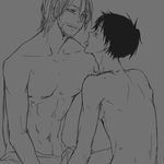  1:1 2boys male male_focus monkey_d_luffy multiple_boys one_piece pixiv_manga_sample ryo_(pixiv966497) scar shanks sitting topless yaoi 