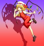  ascot blonde_hair flandre_scarlet flying garando gradient gradient_background hat hat_ribbon leg_up light_smile looking_at_viewer mob_cap open_hand outstretched_arm pinky_out red_eyes ribbon shadow short_hair short_sleeves side_ponytail skirt skirt_set solo touhou wings 