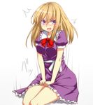  blonde_hair blush bow breasts embarrassed long_hair looking_at_viewer maribel_hearn medium_breasts open_mouth puffy_sleeves purple_eyes purple_skirt sash short_sleeves sitting skirt solo surprised sweat tori_(minamopa) touhou v_arms 