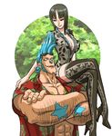  1boy 1girl black_hair blue_hair boots breasts cleavage cyborg franky high_heel_boots high_heels nico_robin one_piece shoes shoulder_perch sitting thigh_boots thighhighs 
