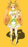  boots brown_eyes brown_hair choker creature cure_rosetta dokidoki!_precure double_bun earrings flower green_choker hair_flower hair_ornament highres jewelry knee_boots long_hair magical_girl precure rance_(dokidoki!_precure) ribbon rose shadow shirotakiito solo twintails wrist_cuffs yellow_background yotsuba_alice 