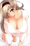  all_fours blush breasts brown_eyes brown_hair hairband hanging_breasts highres large_breasts long_hair matsuno_canel no_bra open_mouth original simple_background solo white_background 