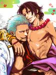  2boys black_hair jacket male male_focus multiple_boys muscle one_piece portgas_d_ace smile smoker smoking topless white_hair yaoi 