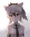  aardwolf_(kemono_friends) aardwolf_ears aardwolf_tail animal_ears backlighting bare_shoulders black_hair blush collared_shirt commentary_request elbow_gloves extra_ears eyebrows_visible_through_hair gloves grey_hair hair_between_eyes highres kemono_friends looking_at_viewer multicolored_hair necktie ponytail shirt short_hair signature sleeveless solo tatsuno_newo twitter_username upper_body white_hair 