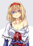  alice_margatroid bare_shoulders blue_bra blue_dress blue_eyes bra breasts capelet cleavage collarbone dress hairband long_sleeves looking_at_viewer medium_breasts off_shoulder open_clothes open_dress pout sash sitting solo strap_slip tori_(minamopa) touhou underwear uneven_eyes upper_body 