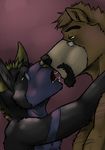  amwulf anthro bear black_fur blue_fur canine duo eyewear fur gay kissing male mammal nude saliva wolf 