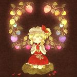  alternate_wings apple ascot bad_id bad_pixiv_id blonde_hair blush bow dress flandre_scarlet food frilled_dress frilled_sleeves frills fruit glowing hat hat_bow holding kneeling leaf plant puffy_sleeves shannu0506 short_sleeves solo strawberry touhou vines wings 