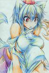  animal_ears blush breasts colored_pencil_(medium) detached_sleeves fang hat highres inubashiri_momiji kitazinger large_breasts red_eyes sideboob tail tokin_hat touhou traditional_media white_hair wolf_ears wolf_tail 