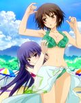  2girls baka_to_test_to_shoukanjuu beach bikini black_hair blush breast_envy breast_grab breasts brown_eyes cleavage grabbing highres kirishima_shouko large_breasts long_hair multiple_girls purple_eyes purple_hair sarong screencap stitched swimsuit very_long_hair yoshii_akira 