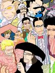  6+boys asdge23 black_hair blonde_hair borsalino_(kizaru) brown_hair captain_kuro character_request donquixote_doflamingo galdino glasses hat inazuma_(one_piece) jango jayabura jyabura male male_focus mister_five monster_boy multiple_boys one_piece peaked_cap pixiv_thumbnail resized sengoku_(one_piece) shichibukai uniform vertical_stripes 