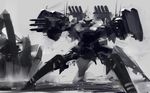  armored_core armored_core_5 fighting_stance gatling_gun grey_background gun machinery mecha mozuo no_humans silhouette simple_background weapon 