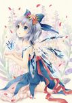  adapted_costume bad_id bad_pixiv_id bare_back barefoot blue_dress blue_eyes blue_hair bow cirno dress floral_background flower hair_bow heart ice ice_wings nunucco open_mouth petals short_hair sitting solo touhou wariza wings 