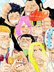  1girl 6+boys asdge23 basil_hawkins black_hair blonde_hair blue_hair capone_gang_bege cravat eustass_captain_kid glasses goggles headphones helmet jewelry_bonney jewelry_bonnie killer_(one_piece) multiple_boys one_piece orange_hair pink_hair raglan_sleeves red_hair sabaody_archipelago scratchmen_apoo supernova trafalgar_law urouge wings x_drake 