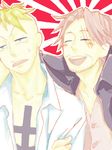  2boys blonde_hair frown male male_focus marco multiple_boys one_piece red_hair shanks smile 