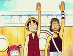  2boys animated animated_gif black_hair goggles goggles_on_head going_merry hat lowres male male_focus monkey_d_luffy multiple_boys one_piece overalls pink_hat raised_hand sash ship straw_hat tony_tony_chopper trio usopp vest x_(symbol) 