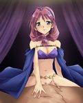  1boy 1girl :p afterglow arabian_clothes blue_eyes blush bottomless bra cape chain_belt earrings hair_tied_together hairband highres jewelry kaiga long_hair pink_hair pubic_hair sex shirayuki_maho tokimeki_memorial tokimeki_memorial_2 tongue tongue_out underwear vaginal 