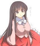  :t black_hair bow breasts brown_eyes covered_nipples hime_cut houraisan_kaguya impossible_clothes impossible_shirt large_breasts long_hair long_sleeves pout shirt skirt solo tori_(minamopa) touhou very_long_hair wide_sleeves 