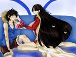  1boy 1girl black_hair blue_upholstery blush boa_hancock breasts cleavage couch duo impel_down large_breasts long_hair lowres mikan_(tripletriple) monkey_d_luffy one_piece open_mouth pixiv_thumbnail resized sitting smile vest 