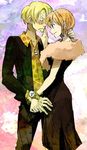  1boy 1girl black_dress black_pants bolo_tie dress duo feather_boa formal nami nami_(one_piece) one_piece one_piece:_strong_world pants polka_dot polka_dot_shirt sanji shirt suit 