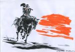  art cowboy cowboy_hat hat hayama_jun'ichi hayama_junichi horse illustration ink_painting sumi-e sunset western 