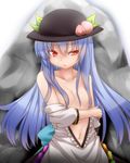  blue_hair blush collarbone food fruit hair_censor hat hinanawi_tenshi long_hair navel off_shoulder open_clothes peach red_eyes solo topless tori_(minamopa) touhou 