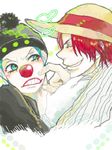  2boys blue_hair buggy_the_clown duo hat male male_focus multiple_boys one_piece pinching red_hair shanks smile straw_hat young younger 