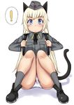  1girl animal_ears backpack bag blonde_hair blue_eyes cat_ears cat_tail hat helma_lennartz highres komusou_(jinrikisha) long_hair looking_at_viewer military military_uniform panties sitting solo spoken_exclamation_mark tail underwear uniform world_witches_series 