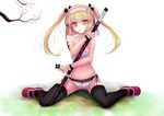  absurdres blonde_hair bow bow_panties breasts hairband highres long_hair mouth_hold navel nipples original panties pink_eyes print_panties ribbon sarashi shuriken side-tie_panties sitting small_breasts solo sonikey0_0 spread_legs sword tattoo twintails underwear underwear_only weapon white_panties wrist_cuffs 