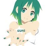  3aya_n bare_shoulders body_writing character_name flat_color gradient_hair green_eyes green_hair gumi hands_clasped k-on! looking_at_viewer lowres multicolored_hair nail_polish no_lineart own_hands_together short_hair smile solo tattoo vocaloid 