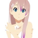  3aya_n bare_shoulders blue_eyes body_writing flat_color gradient_hair hair_ornament hairclip k-on! long_hair lowres megurine_luka multicolored_hair nail_polish no_lineart pink_hair simple_background solo star strap_slip tattoo vocaloid white_background 