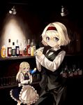  alice_margatroid alternate_costume apron bartender blonde_hair blue_eyes blush bottle bow bowtie cocktail_glass cocktail_shaker cup drinking_glass formal hair_bow hairband liquor lispict long_hair looking_at_viewer pant_suit shanghai_doll short_hair solo suit touhou waist_apron 