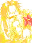  1boy 1girl couple duo epaulettes facial_hair flower freckles gol_d_roger mustache one_piece portgas_d_rouge 